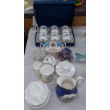Royal Worcester Chocolate cups, a glass cabinet cup and saucer, Coalport items etc