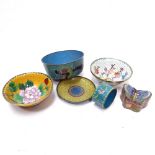 A Chinese cloisonne bowl with dragon design, 11cm across, 2 others, a cloisonne dish, napkin ring,
