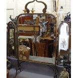 Antique brass-framed triple-mirrored fire screen, height 75cm