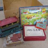 Fairylite farmyard set, tinplate house, jigsaw, and bricks