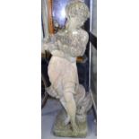 A weathered concrete garden figure, girl holding a posy of flowers, H120cm