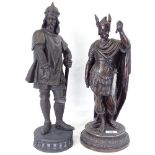 A bronze patinated spelter figure with winged helmet, 43.5cm, and a crusader figure