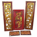 A pair of carved and gilded Oriental panels, height 71.5cm, another, and a pair of small panels