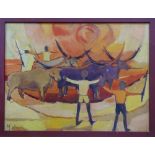 F J Sharman, watercolour, figure on horseback, and oil on panel, abstract study, baiting the bull,