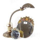 Vintage adjustable desk lamp with metal shell design shade, 2 Barbola strut mirrors, tallest 25cm