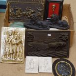 Various wall plaques, and a pair of painted lions, length 24cm