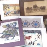 Folio of watercolours, engravings etc