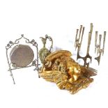 A gilded Cupid design wall bracket, height 30cm, a 9-branch candelabra, a gong, and a embossed brass