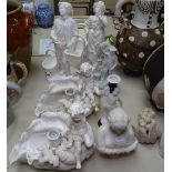 A pair of figures with baskets, 33cm, cherub candleholders etc