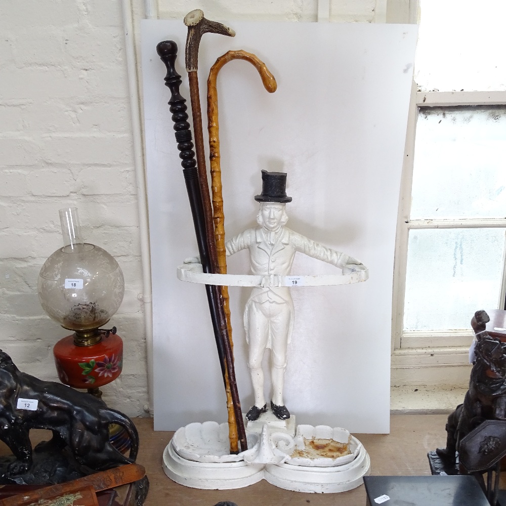 A cast-iron painted figure design stick stand with drip tray, walking cane with antler handle, a - Image 2 of 2