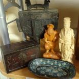 A group of Oriental items, including a censer, and 2 figures, tallest 22cm