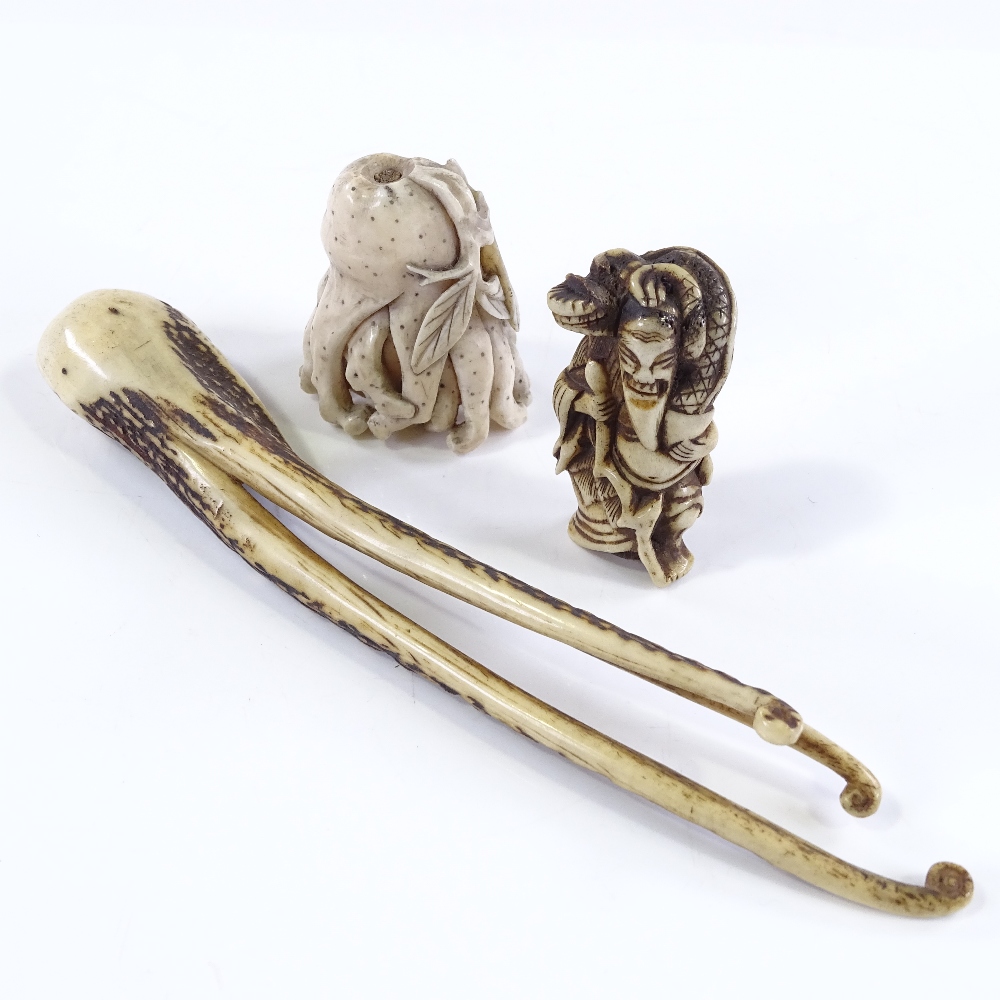 A group of 3 Chinese ivory and bone carvings, comprising an ivory coral reef carving, height 5cm, - Image 2 of 3