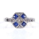 An 18ct gold Art Deco sapphire and diamond cluster panel ring, panel height 7.8mm, size I, 2.6g