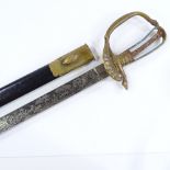 A German hunting cutlass with engraved scene on blade, brass hilt (no grips), brass-mounted