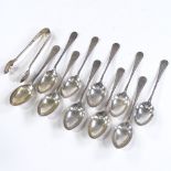 10 silver Feather pattern teaspoons and matching sugar tongs, by Atkin Brothers, hallmarks Sheffield