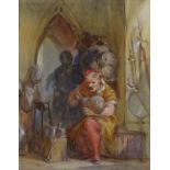 George Cattermole, watercolour, man repairing armour, signed, 10" x 7.5", framed