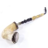 A large Victorian Meerschaum pipe, with nickel mounts and carved horn mouthpiece