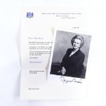 A hand signed photograph of Margaret Thatcher, 17.5cm x 12.5cm, together with a letter of provenance