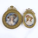 2 French miniature watercolours on ivory, circa 1900, portraits of Gainsborough ladies, in ornate