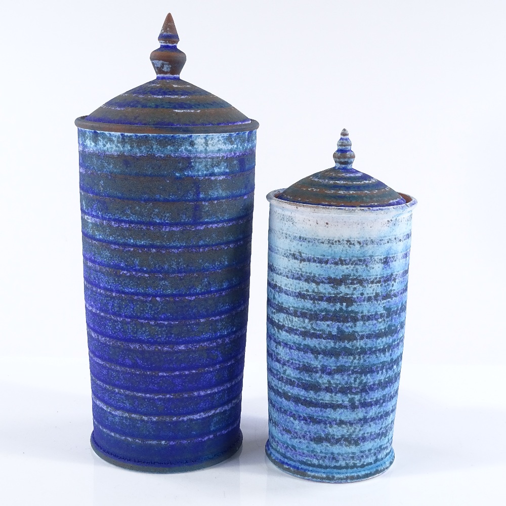 Emily Myers (British - born 1965), 2 Persian blue matt glazed lidded terracotta jars and covers, - Image 3 of 3