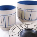 Louise Darby (British - born 1957), 2 blue glazed incised Studio pottery vases, and a similar
