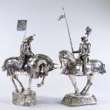 2 sterling silver models of figures on horseback, including knight and samurai warrior, largest