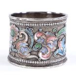 A Russian silver and champleve enamel napkin ring, with floral decoration, 84 zolotnik stamp, band