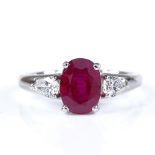 A platinum 3-stone ruby and diamond trilogy ring, oval-cut ruby approx 2ct, total pear-cut diamond