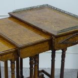 A 19th century nest of 3 pollard oak occasional tables, with brass galleried top, width 2'