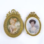 2 French watercolour portraits on ivory of young women, in ornate gilt-metal frames, largest