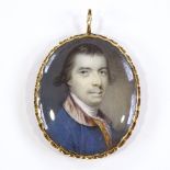 A Georgian miniature watercolour on ivory, portrait of a gentleman, unsigned, in unmarked gold frame