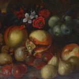 18th century oil on canvas, still life fruit and flowers, unsigned, 16" x 21", unframed