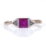 An Art Deco style 9ct gold 3-stone ruby and diamond ring, setting height 4.5mm, size L, 1.1g