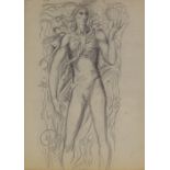French school circa 1930, pencil drawing, symbolist figure study, unsigned, 10" x 7", framed