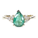 A 14ct gold emerald and diamond cluster dress ring, pear-cut emerald approx 0.71ct, total diamond
