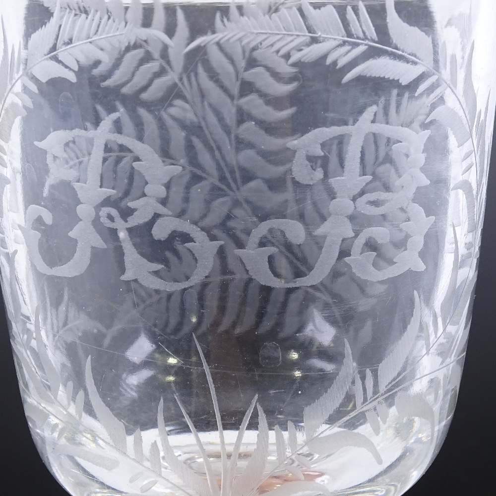 A 19th century hand made ale glass with etched fern designs, height 17cm - Image 3 of 3