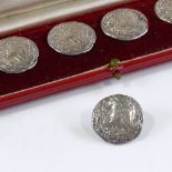A set of 6 late Victorian cast-silver buttons, with relief woman's head design, hallmarks London