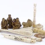 A group of Chinese ivory and composition items, including carved ivory box, 3.5cm across, carved