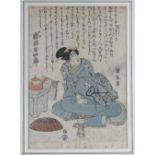 Kuniyasu, colour woodblock print, figure in an interior, with text inscription, 14" x 9.5", framed