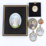 A group of 19th and 20th century miniature watercolour portraits and frames, including a watercolour