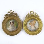 2 19th century French miniature watercolours on ivory, portraits of young women, in ornate gilt-