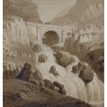 Claude Hayes, watercolour, tree study, 9" x 7", and 18th century sepia watercolour, waterfall,