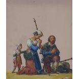 19th century Continental school, gouache, a praying family, indistinctly signed, 6.5" x 5.5", framed