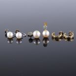 3 pairs of earrings, including 9ct white gold pearl earrings (3)
