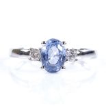 A 14ct white gold 3-stone sapphire and diamond trilogy ring, oval-cut sapphire approx 1.1ct, total