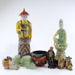 A group of Oriental items, including a porcelain standing figure, height 50cm (8)