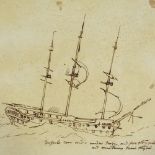 18th century English school, 3 pen and ink sketches of boats, unsigned, 1 dated 1790, unframed (3)