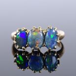 A 15ct gold 3-stone black opal dress ring, setting height 8.75mm, size O, 3.5g
