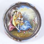 A late 19th century Continental enamel box with hand painted decoration, 5.5cm across