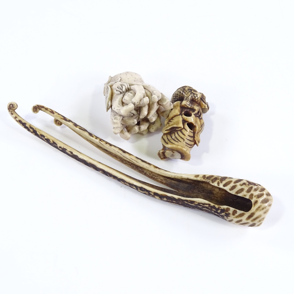 A group of 3 Chinese ivory and bone carvings, comprising an ivory coral reef carving, height 5cm, - Image 3 of 3